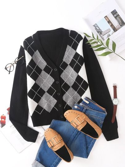 Argyle Graphic Button Up Cardigan | SHEIN