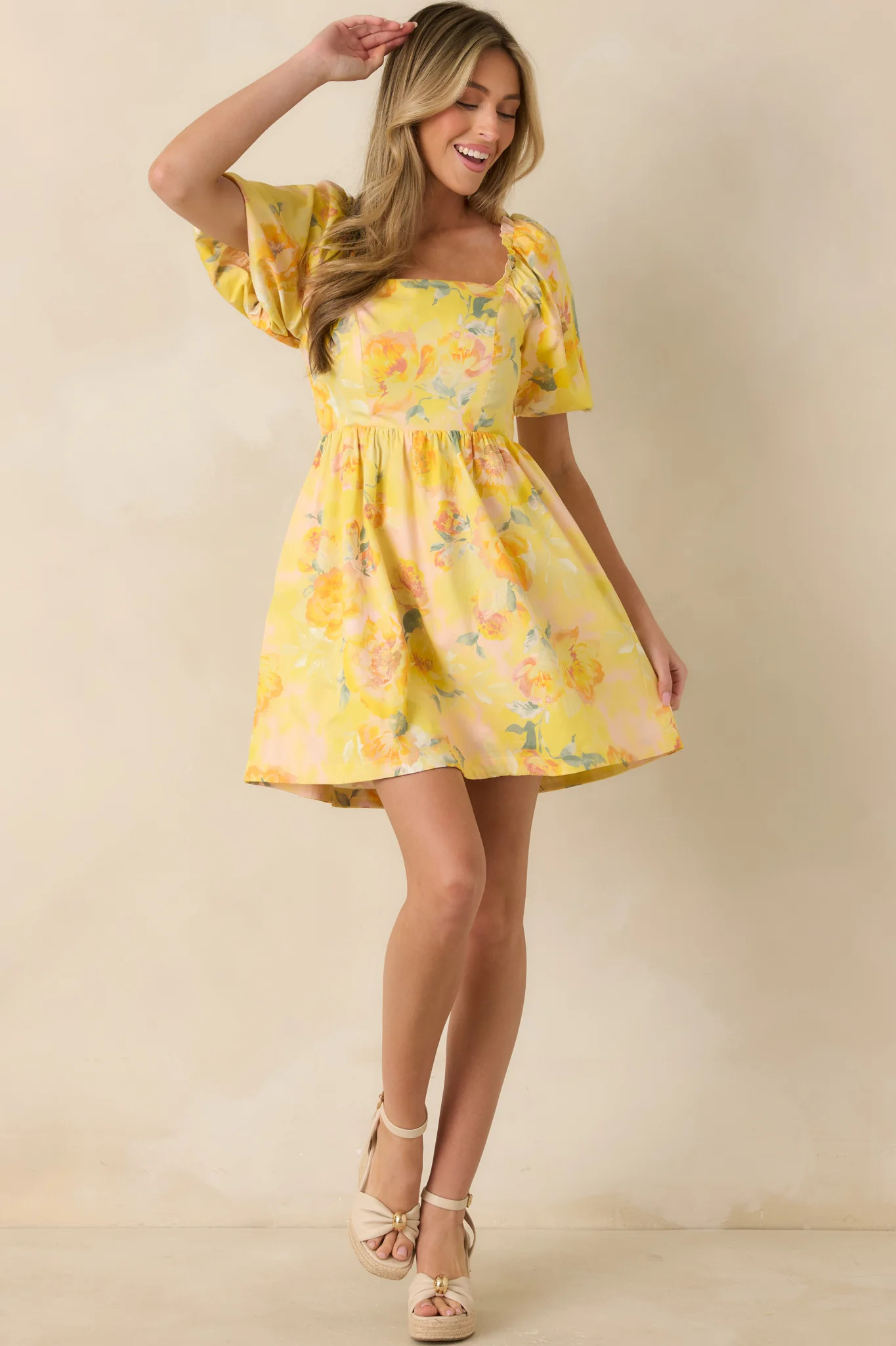 Prosperina Eloise Butter Yellow Multi Floral Cotton Mini Dress | Red Dress