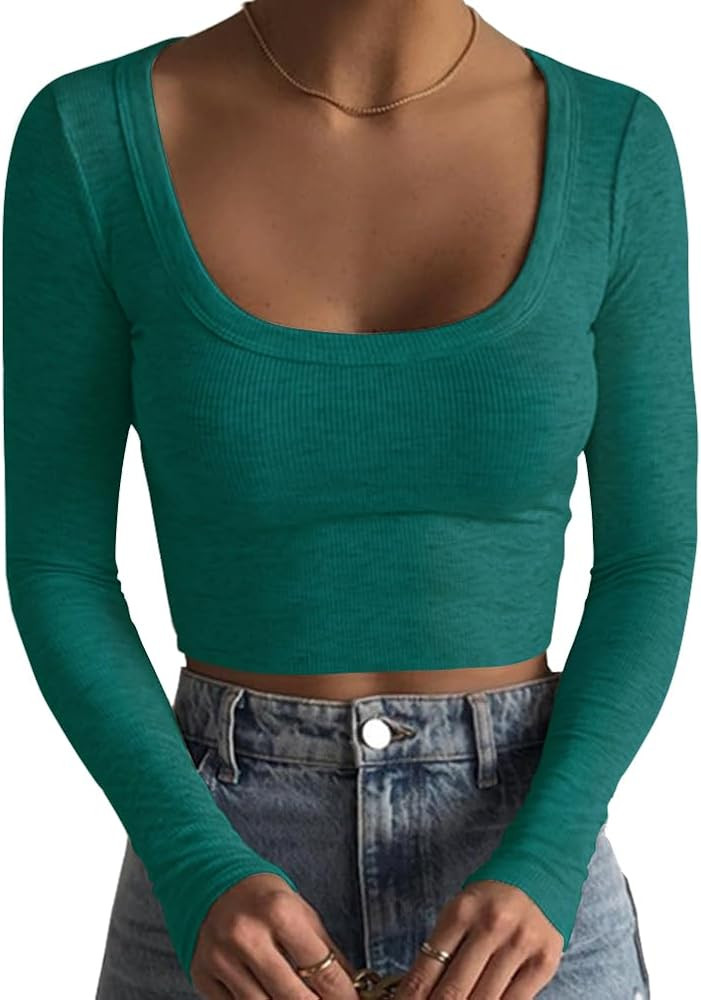 Artfish Women's Square Neck Long Sleeve Ribbed Slim Fitted Casual Basic Crop Top | Amazon (US)