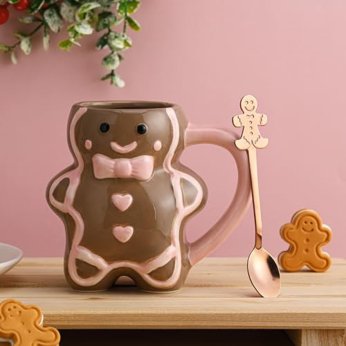 Tiangrid Pink Gingerbread Man Mug Gingerbread Man Shaped Mug with Rose Gold Spoon Christmas Coffee Ceramic Cup with Handle Pink Christmas Tumbler Gifts for Women Office Winter Holiday Hot Tea | Amazon (US)