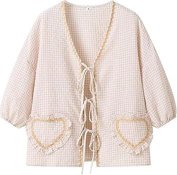 Gihuo Women's Tie Front Tops 3/4 Puff Sleeve Peplum Shirts Cute Plaid Babydoll Shirt Ruffle Blous... | Amazon (US)