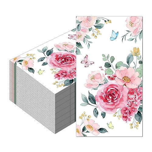 100-Pack Floral Paper Napkins Watercolor Floral Guest Napkins Vintage Wild Flower Disposable Hand Towels Flower Decorative Paper for Bathroom Wedding Birthday Party/Rose | Amazon (US)