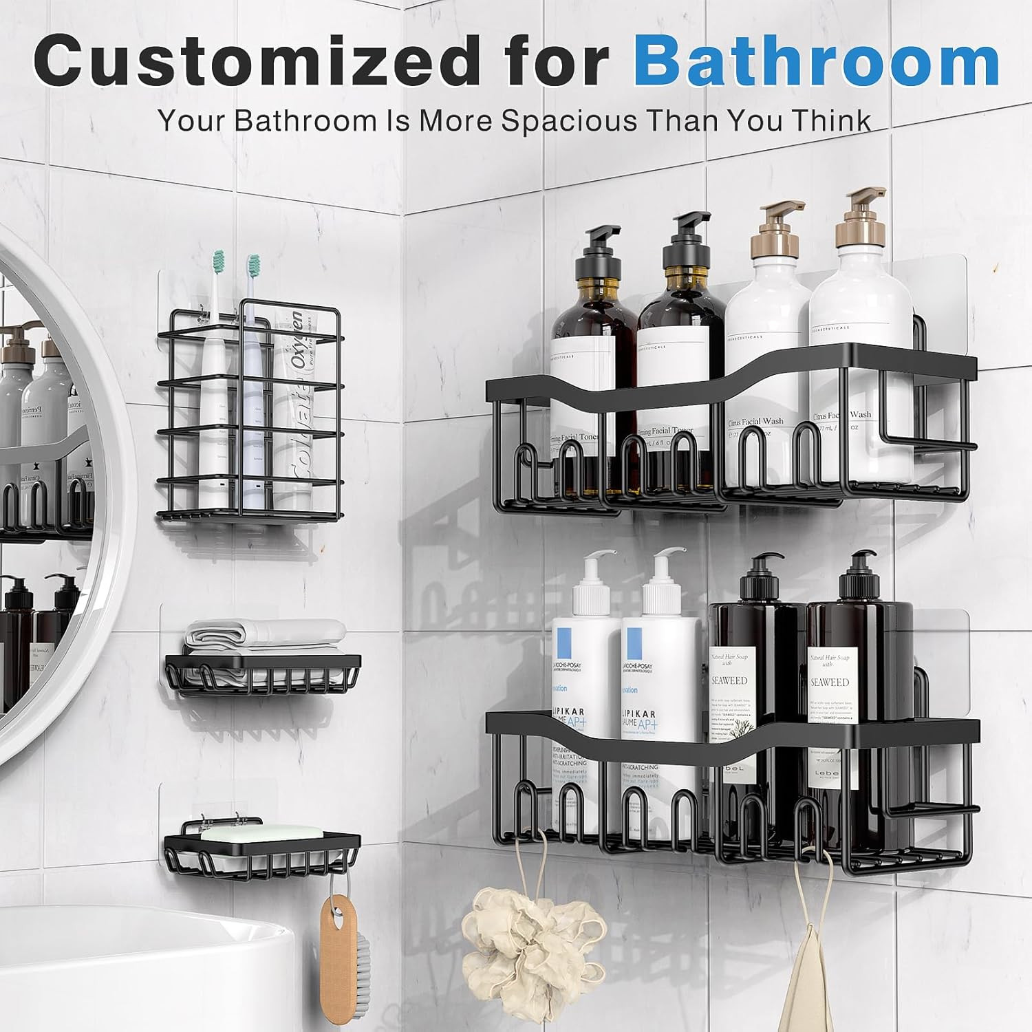 Adhesive Shower Caddy, 5 Pack Rustproof Stainless Steel Bath Organizers With Large Capacity, No D... | Amazon (US)