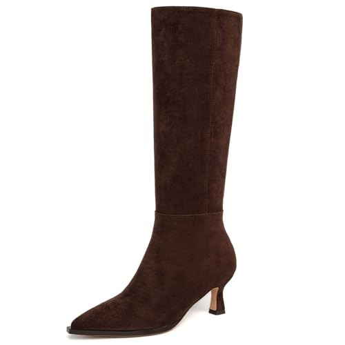 SUIARA Knee High Boots Women Brown Kitten Heel Pointed Toe Faux Suede Leather Side Zipper Comfortable Stiletto Long Tall Dress Boots | Amazon (US)