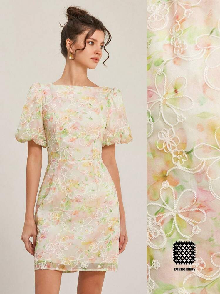 Aveloria Rosie Colorful Tie Dye Jacquard Special Fabric Vintage Romantic Elegant Wedding Season Puff Sleeve Floral Bodycon Mini Dress For Women | SHEIN