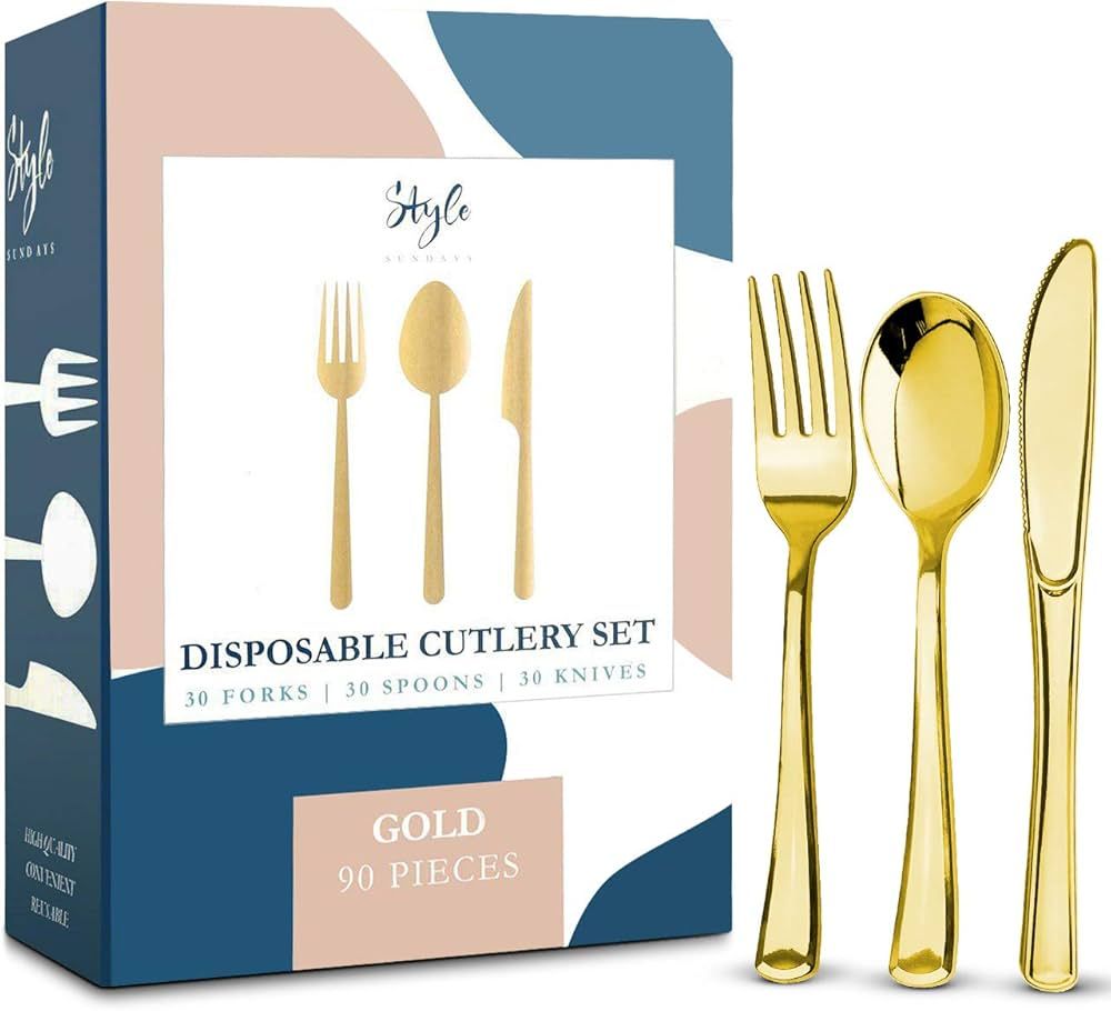 Gold Plastic Silverware Party Bulk Utensils Set – Heavy Duty Plastic Disposable Cutlery (30 Spo... | Amazon (US)