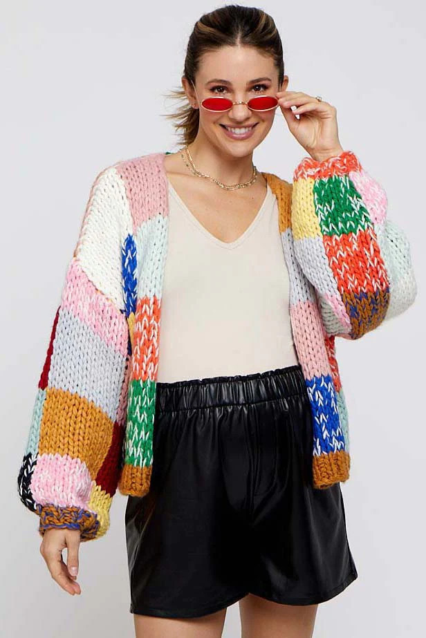 Multicolor Color Block Checkered Thick Knit Maternity Cardigan | PinkBlush Maternity