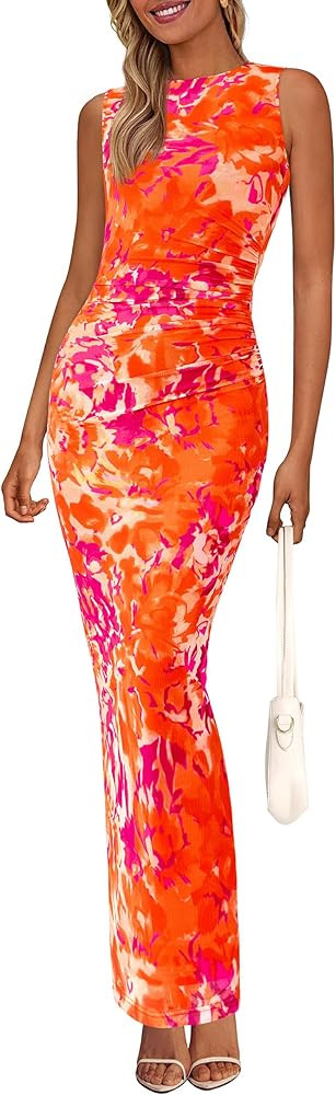 PRETTYGARDEN Womens Summer Wedding Guest Dress 2026 Spring Mesh Sleeveless Bodycon Ruched Floral ... | Amazon (US)