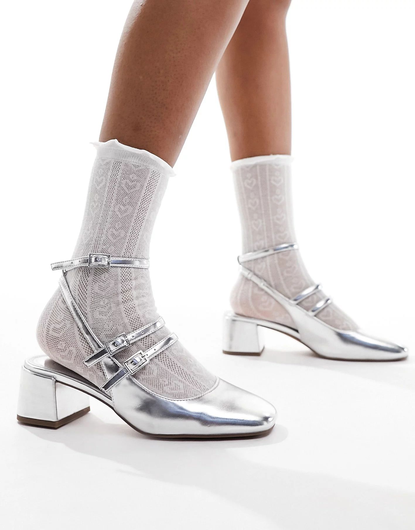 ASOS DESIGN Soccer mid block heeled mary jane shoes in silver | ASOS (Global)