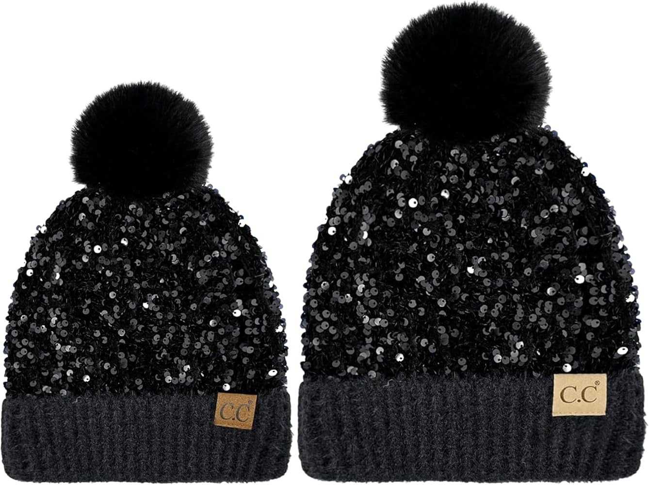 Funky Junque Matching 2 Pack Sequin Beanie w/Faux Fur Pom - Adult/Toddler - Black | Amazon (US)