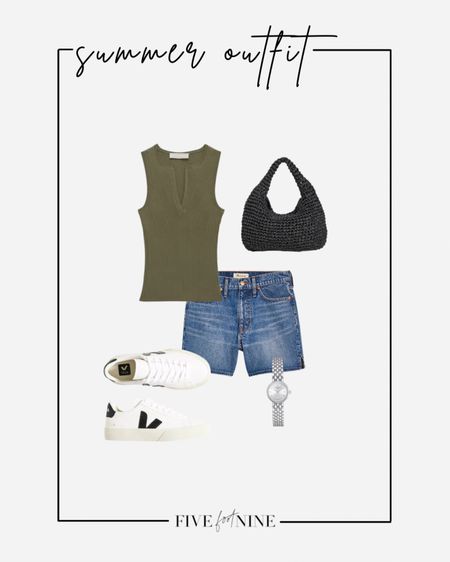 Casual summer outfit idea, long jean shorts, Veja sneakers, raffia bag

#LTKSeasonal #LTKunder100