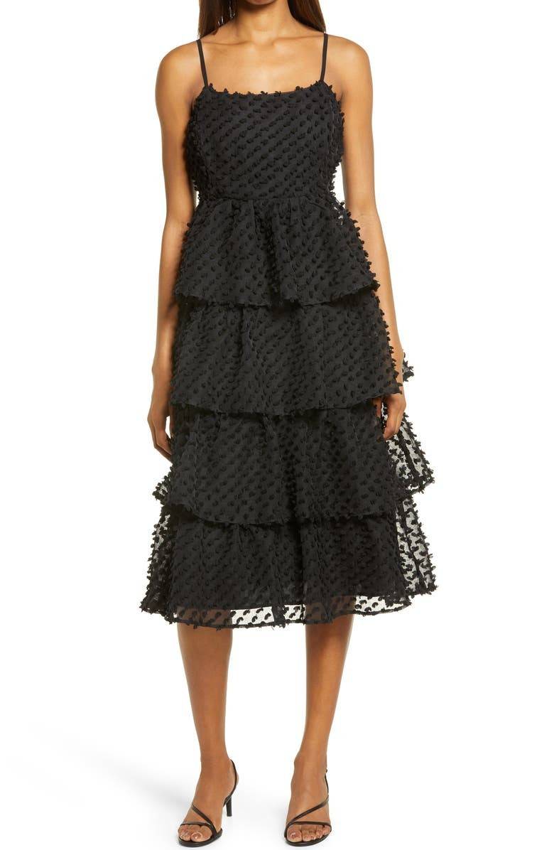 Lulus Flirting with You Pompom Tiered Ruffle Cotton Blend Dress | Nordstrom | Nordstrom