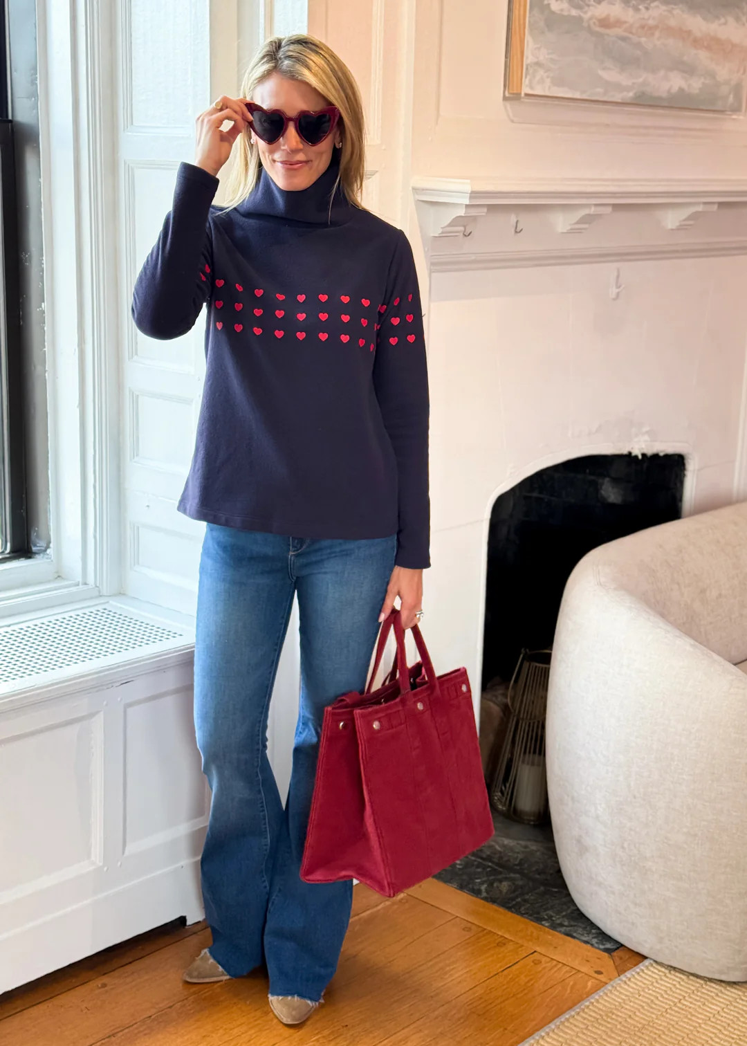 Greenpoint Turtleneck in Terry Fleece (Navy/Red Placed Heart) | Dudley Stephens