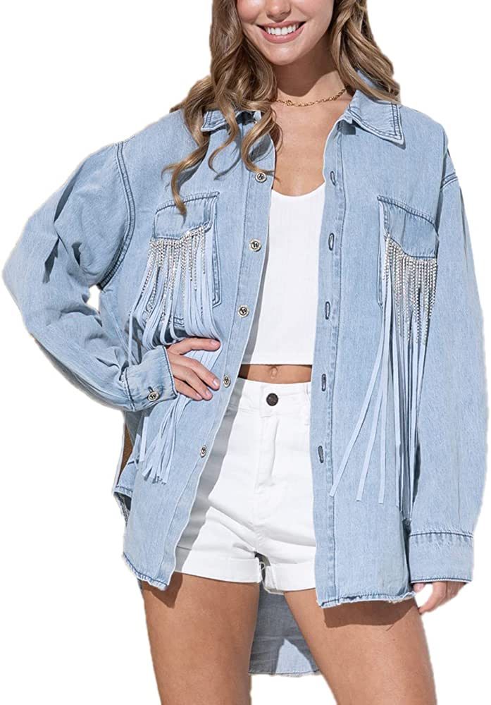 Paintcolors Women's Button Down Shirt Shacket Frayed Oversized Batwing Sleeve Denim Outerwear Tops w | Amazon (US)