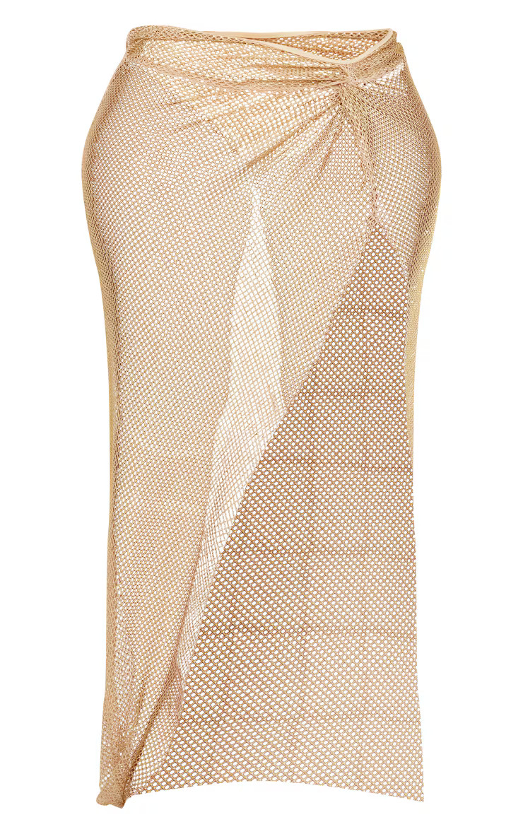 Shape Gold Glitter Fishnet Knot Front Maxi Skirt | PrettyLittleThing US