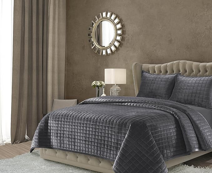 Tribeca Living FLORENCEQUIKIGR Florence Velvet Oversized Solid Quilt Set, King, Smoke Grey | Amazon (US)