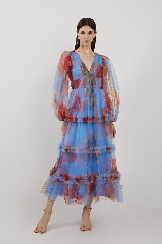 Spring Floral Tulle Plunge Maxi Dress | Karen Millen US