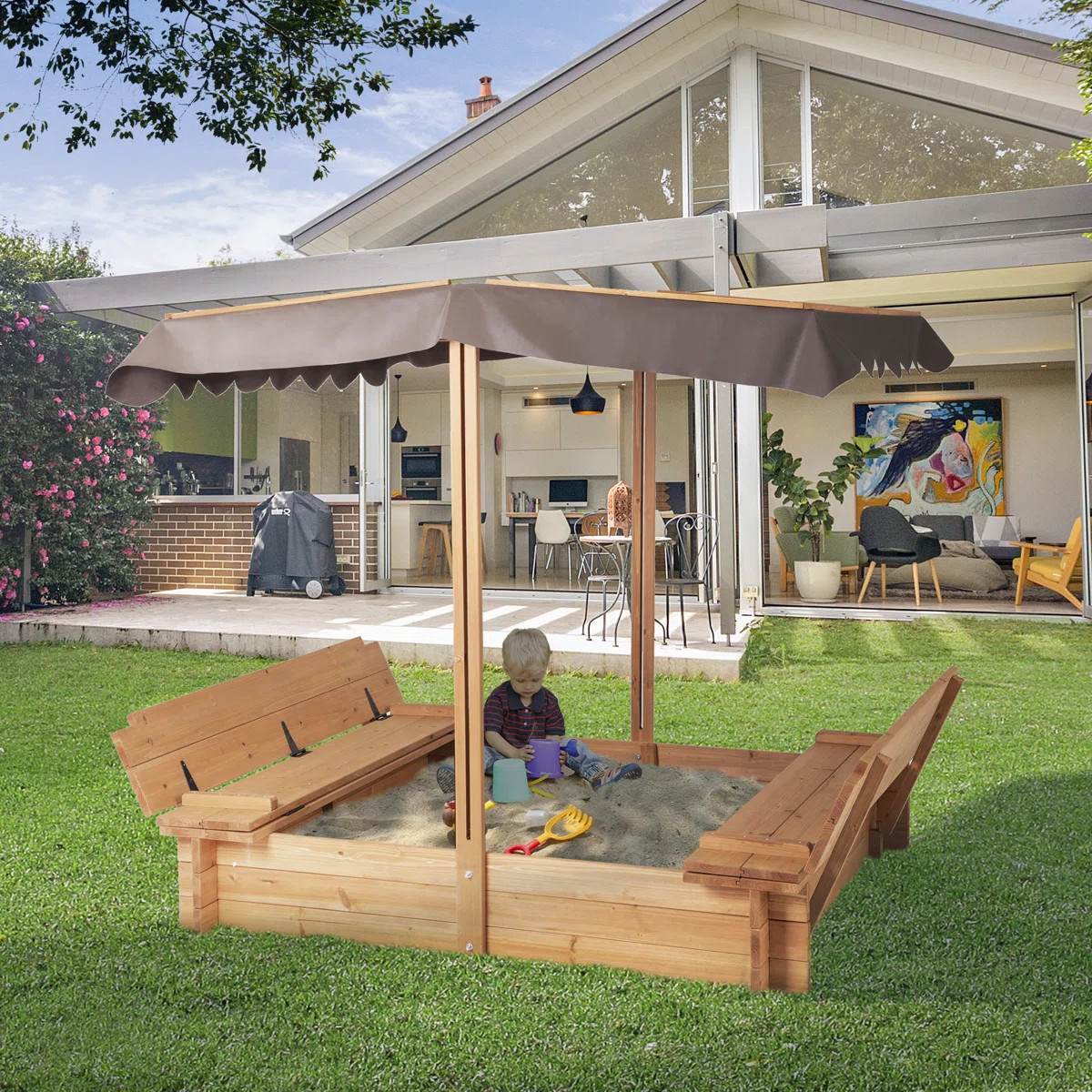 AIUEKES 48'' x 48'' Solid Wood Square Sandbox with Cover | Wayfair North America