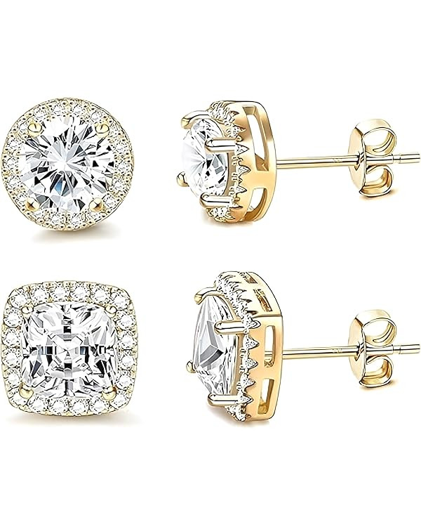 18K White Gold Plated Round Square Cubic Zirconia Simulated Diamond Halo Stud Earrings (2 Pairs) | Amazon (US)