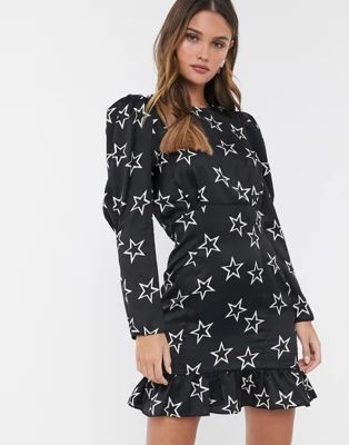 River Island mini dress with puff sleeves in black star print | ASOS (Global)