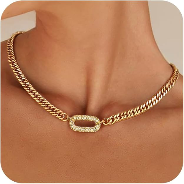 Gold Necklace for Women, 14K Gold Plated Chunky Cuban Link Chain Herringbone Paperclip Box Chain ... | Amazon (US)