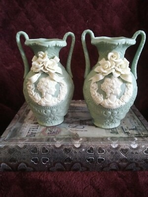 2 Matching Ceramic 6" Rich Mint Green Vases with Cameo & Flowers   | eBay | eBay US