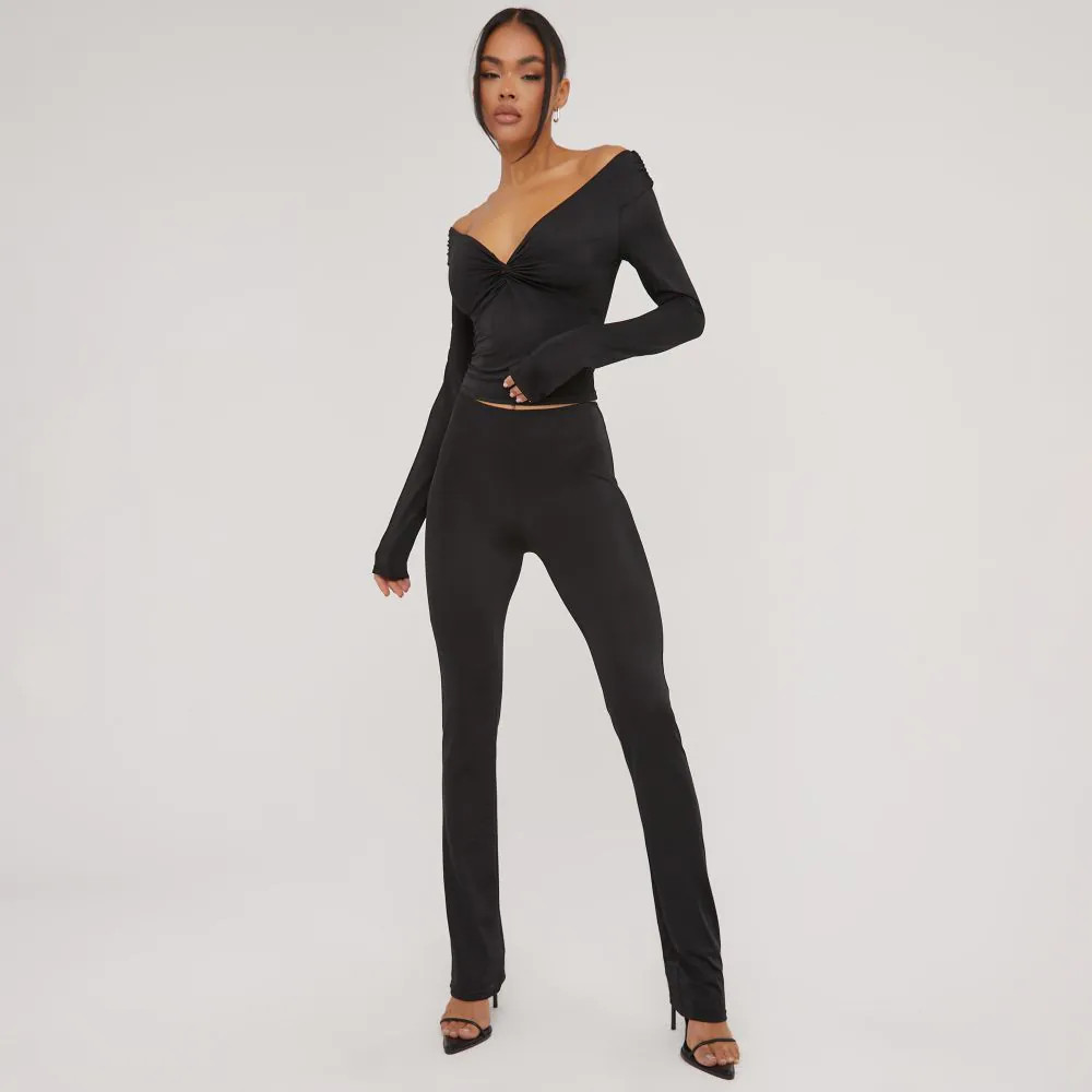 Long Sleeve Plunge Twist Detail Top And Leggings Co-Ord Set In Black Slinky | EGO (UK)