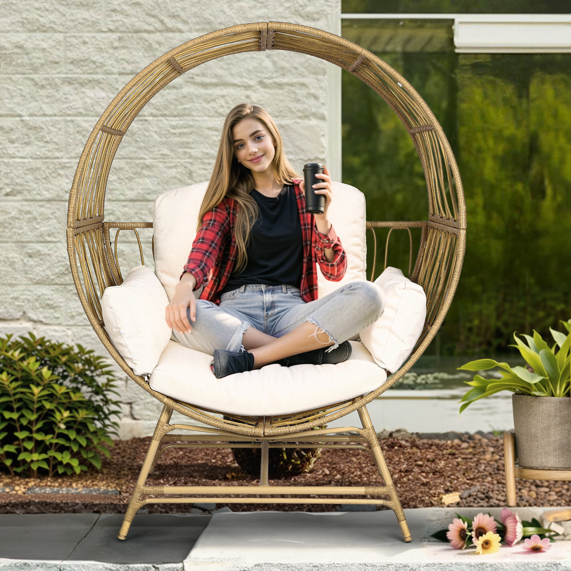 Wicker Round Egg Chair, Oversized Indoor Outdoor Lounger for Patio Living Room, w/ 4 Cushions, St... | Walmart (US)