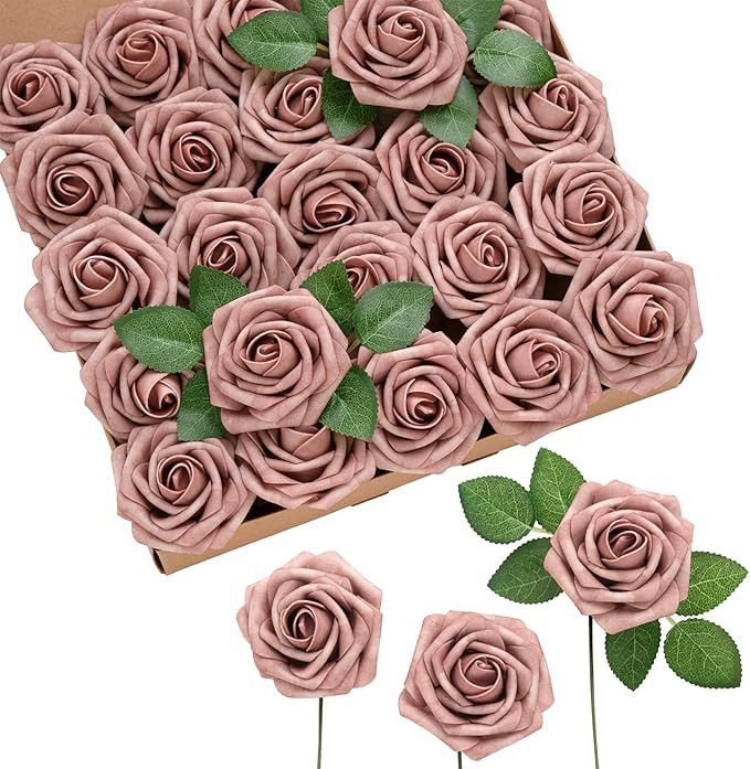 Ling's Moment Flowers 50pcs Dusty Rose Artificial Roses Flowers with Stem for DIY Wedding Bouquet... | Amazon (US)