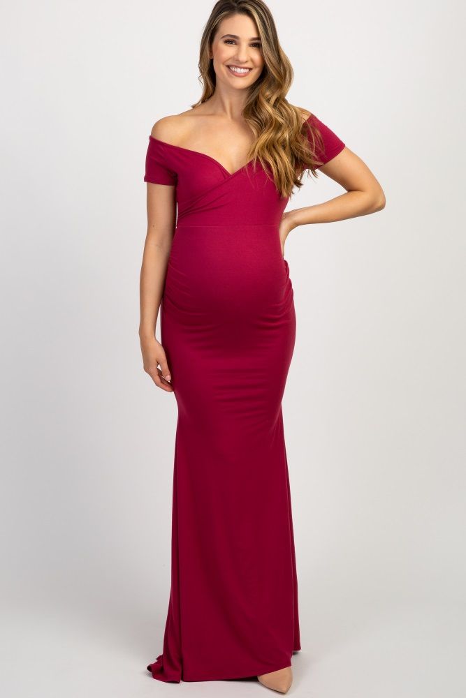 PinkBlush Magenta Off Shoulder Wrap Maternity Photoshoot Gown/Dress | PinkBlush Maternity