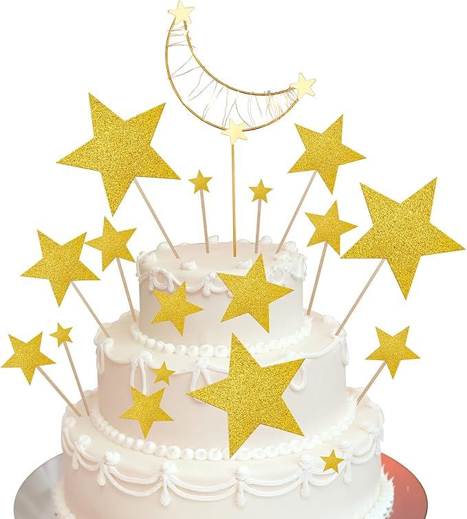 37 Pieces Glitter Moon Star Cupcake Toppers Gold Star Cake Topper Moon Cake Toppers Little Star I... | Amazon (US)