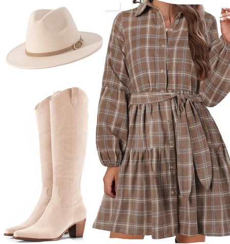 Amazon outfit idea! Plaid dress, taupe boots, felt hat 