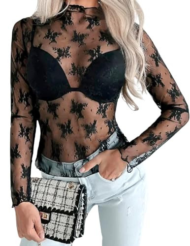 Girece Lace Tops for Women Sexy Long Sleeve Lace Top Y2k Mesh Top See Through Lace Undershirt Floral Sheer Blouse Party Club Outfits (Black,M) | Amazon (US)