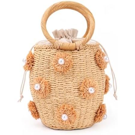 Flower Pearls Rattan Tote Bag Summer Beach Drawstring Straw Bucket Bag Diamonds Woven Handbag | Amazon (US)