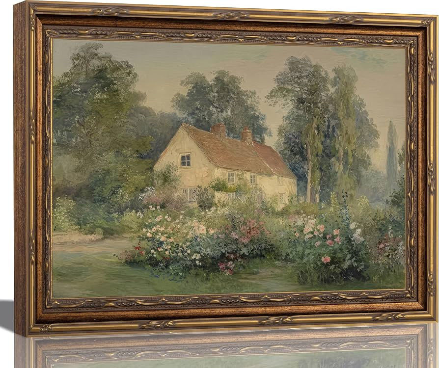 Vintage Cottage Wall Art French Farmhouse Floral Landscape Canvas Painting, Antique Gold Framed C... | Amazon (US)