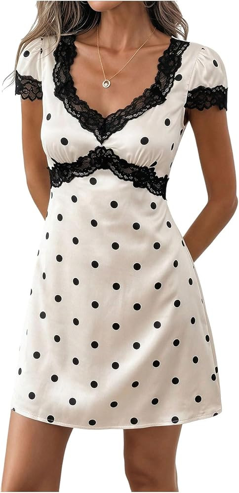SweatyRocks Women's Polka Dots Lace Satin Cap Sleeve Mini Dress | Amazon (US)