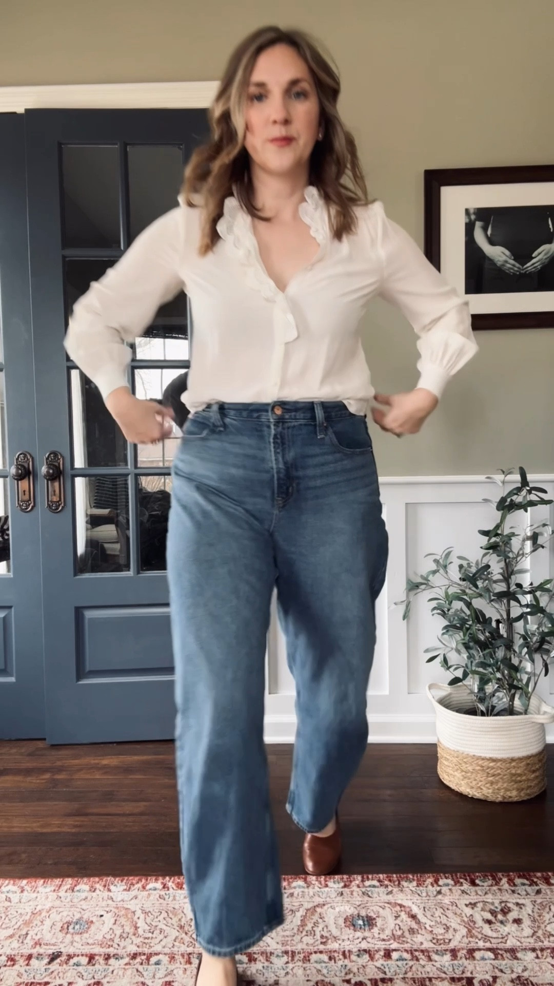 Romanticizing my spring wardrobe- starting with the prettiest blouse I own. 

Blouse - Sézane - this is my tts and first Sézane piece i ever bought - i like to go a size up but it’s beautifully fitted. 
Jeans - Gap - tts 
Shoes- Quince - tts 
Bag- Latico Leathers 
Makeup - Merit 
Blush - Jones Road - Miami Beach 
Lip- Versed - Spice & OSEA lip booster 
Sunnies- Maui Jim  

#LTKootd #LTKgrwm #LTKOver40