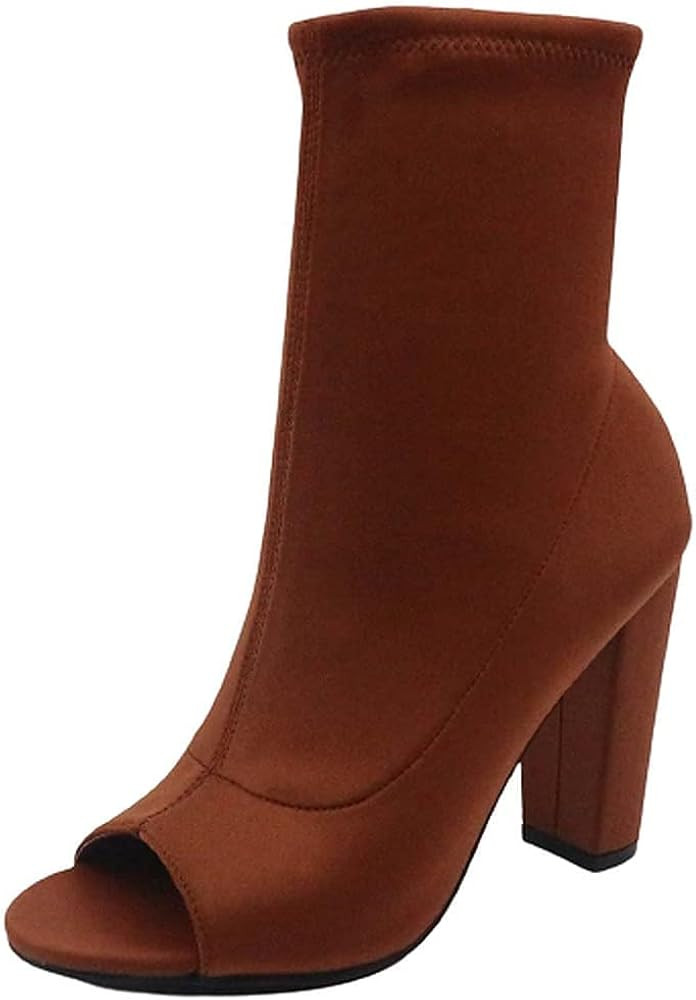 Women Elastic Peep Toe Block Heel Ankle Height Bootie | Amazon (US)