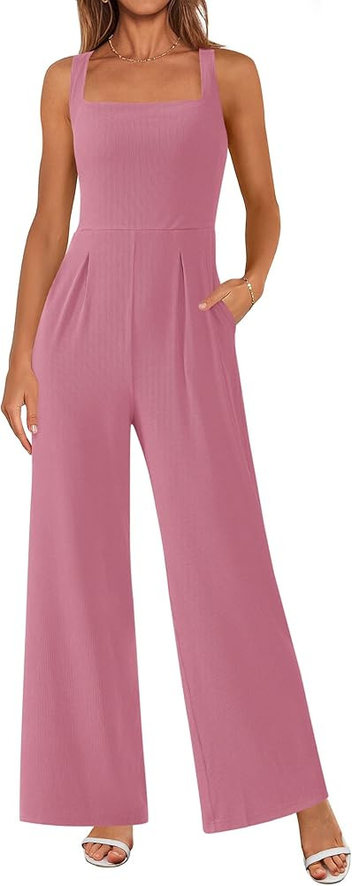 PRETTYGARDEN Summer Sleeveless Jumpsuits for Women Dressy Square Neck Wide Leg Pants Knit One Pie... | Amazon (US)