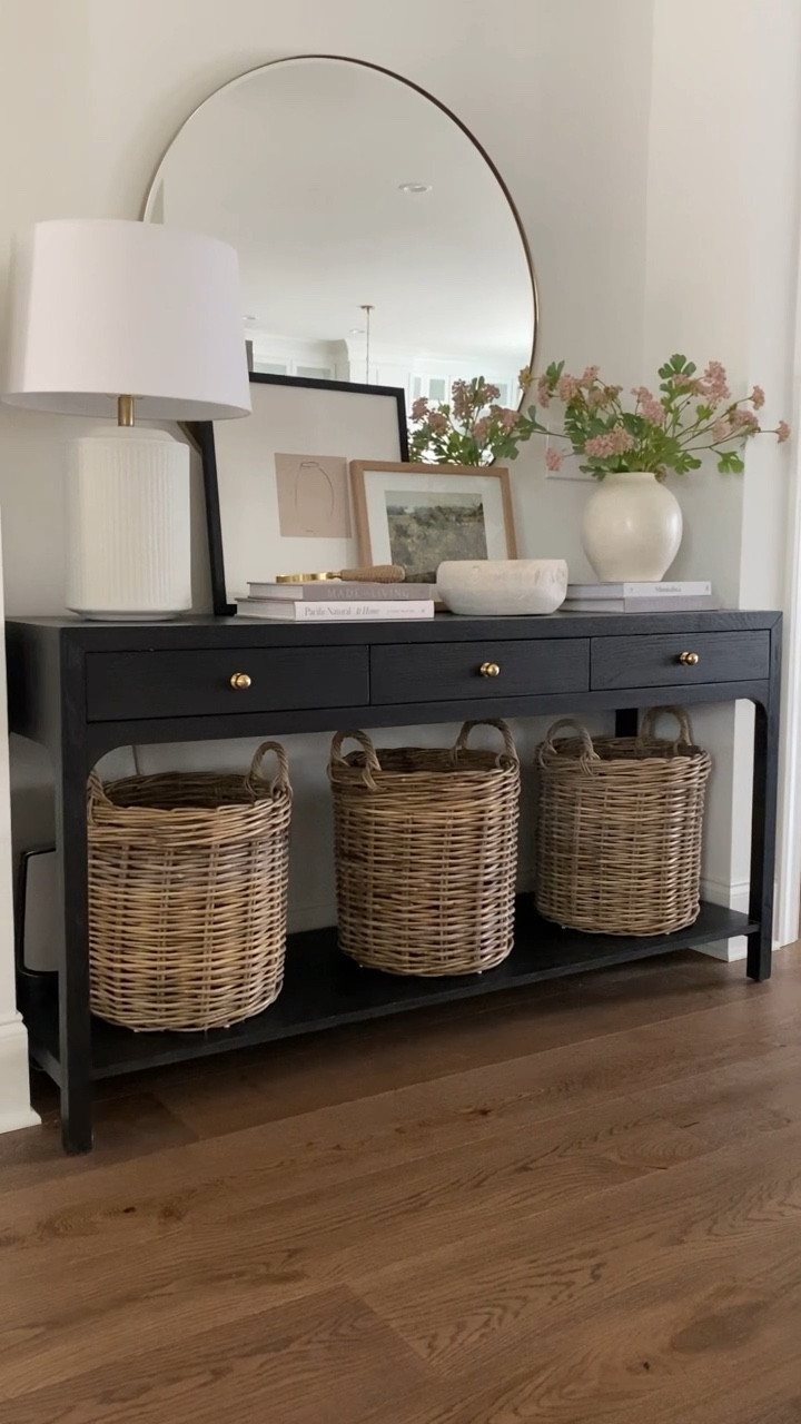 Console table styling. Spring decor. Entryway table. Basket. Table lamp. Art. Mirror. McGee & Co. Transitional decor. Home decor. Neutral interiors.

#LTKhome