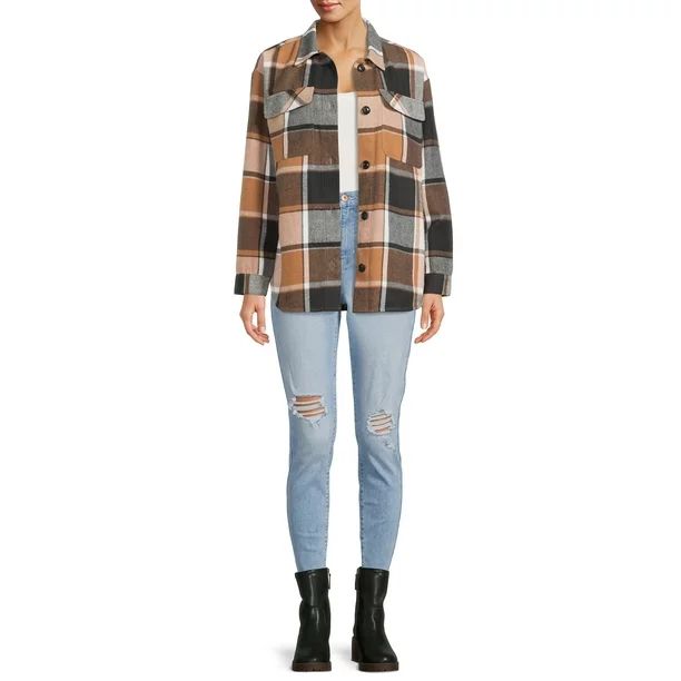 No Boundaries Junior's Plaid Shacket - Walmart.com | Walmart (US)