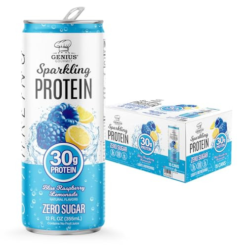 Genius Gourmet Clear Protein Sparkling Water Blue Raspberry Lemonade - 30g Clear Sparkling Protein, Zero Sugar, Low Carb, Lactose Free, Non GMO - Ready to Drink Flavored Sparkling Water - 15 Pack | Amazon (US)