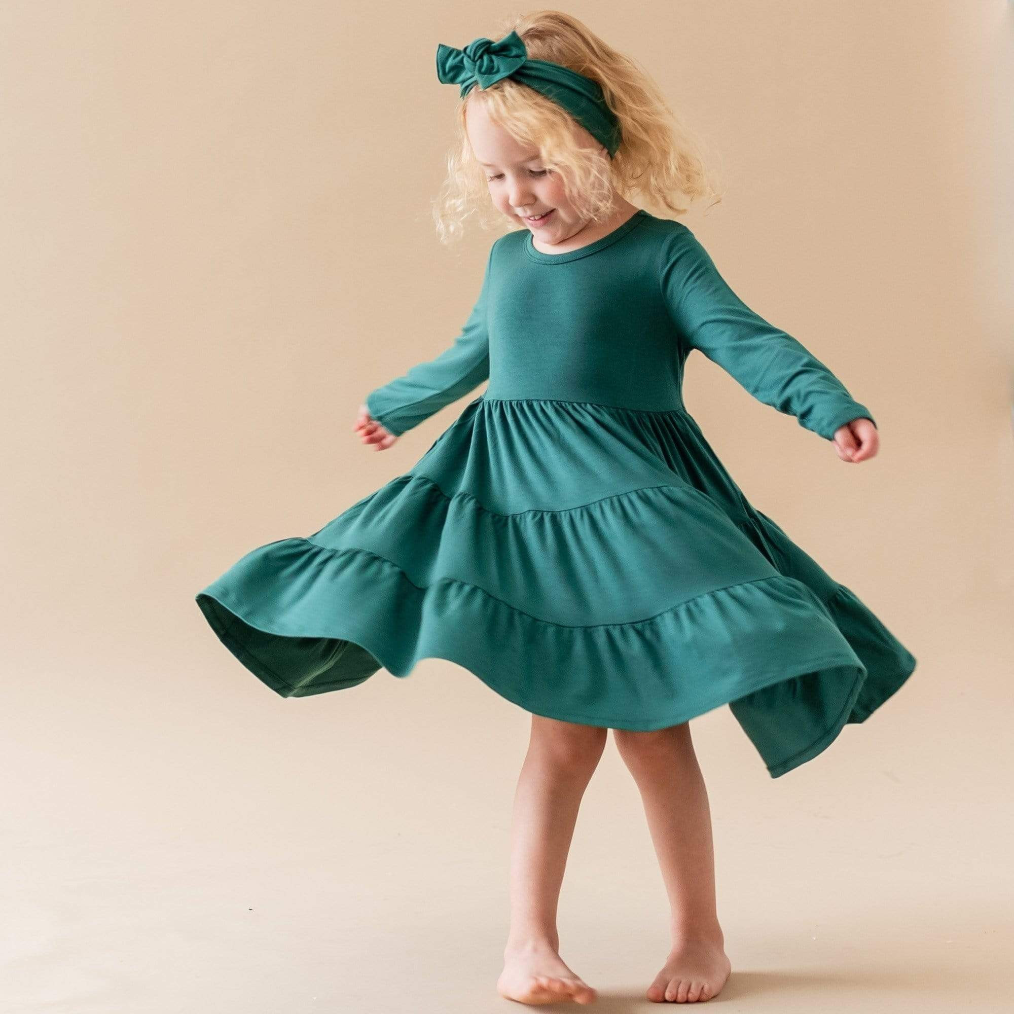 Long Sleeve Tiered Dress in Emerald | Kyte BABY