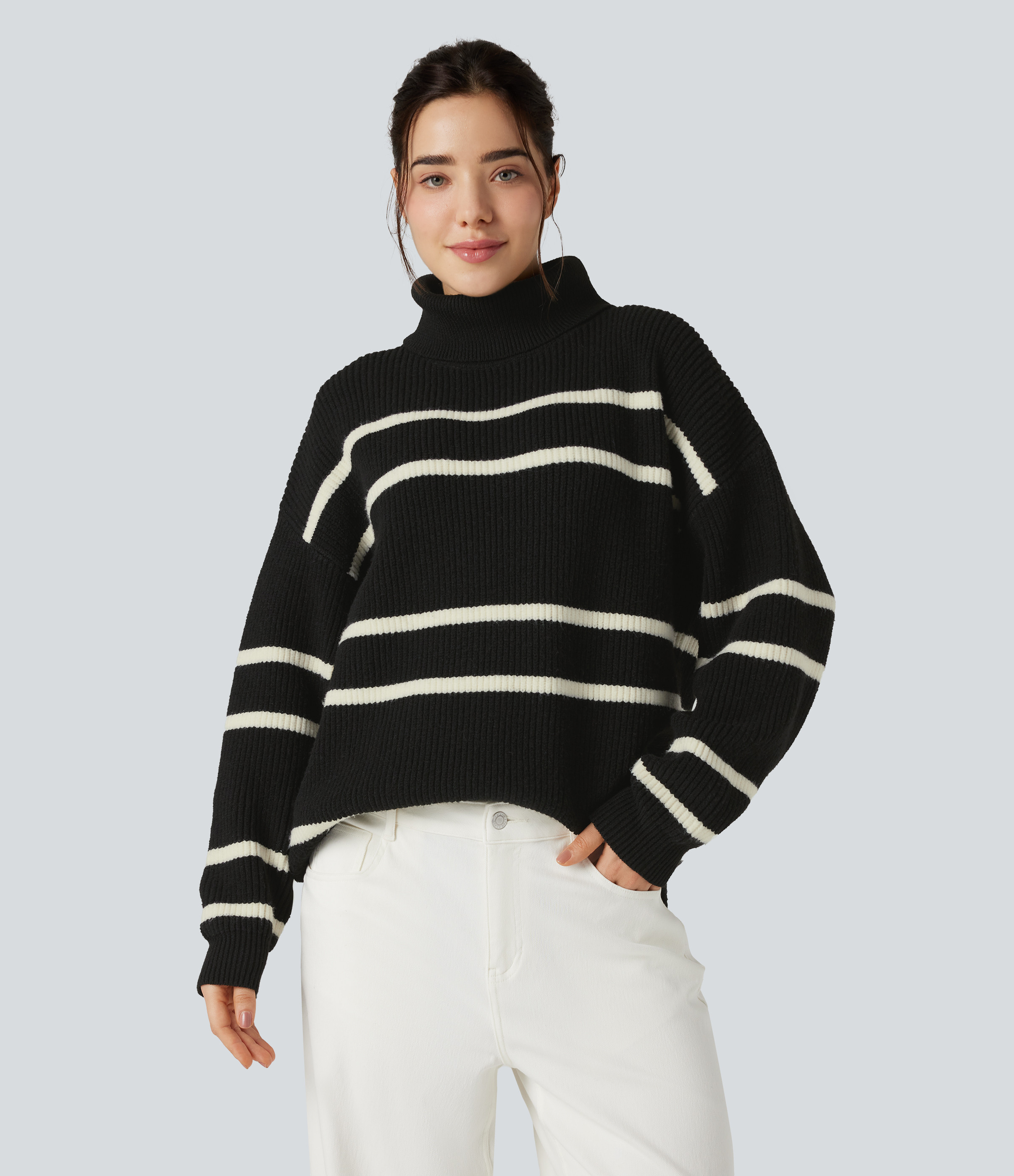Halara High Neck Long Sleeve Color Block Casual Sweater - Black - XL | HALARA
