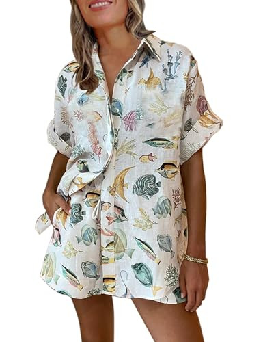 Print Pajamas For Women Set Summer Short Sleeve Button Down Tops Shorts Loose Sleepwear Sets | Amazon (US)