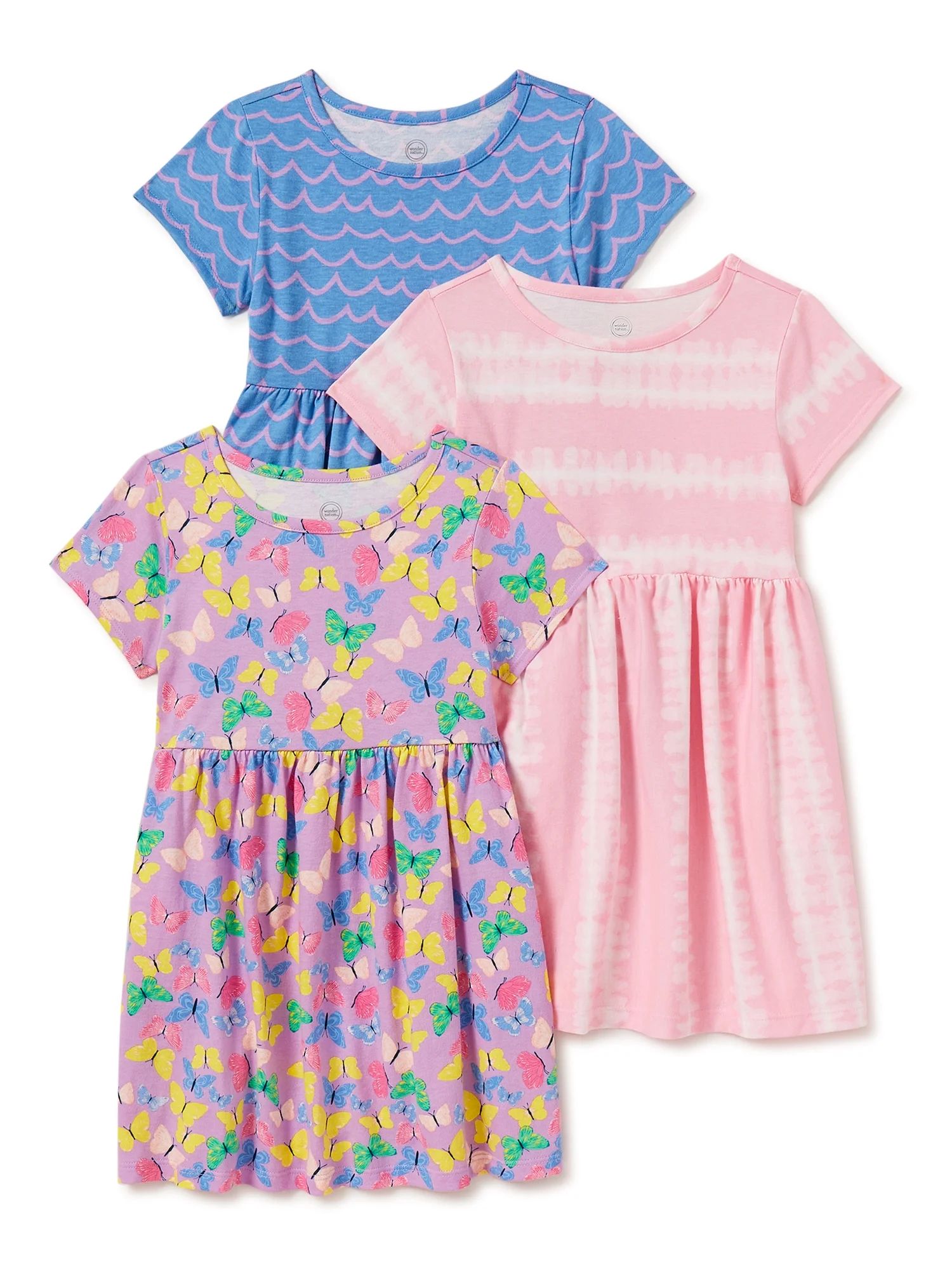 Wonder Nation Baby & Toddler Girls Organic Cotton Short Sleeve Knit Play Dresses with Pockets, 3-... | Walmart (US)