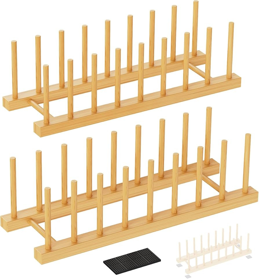 Bamboo Dish Drying Rack, 2 Pack Wooden Storage Holder Organizer for Plate/Bowl/Cup/Book/Pot/Lid/C... | Amazon (US)