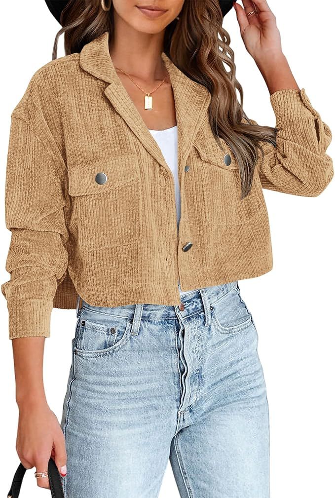 BTFBM Women's Corduroy Cropped Jacket 2023 Winter Fall Lapel Button Down Casual Short Shacket Jac... | Amazon (US)