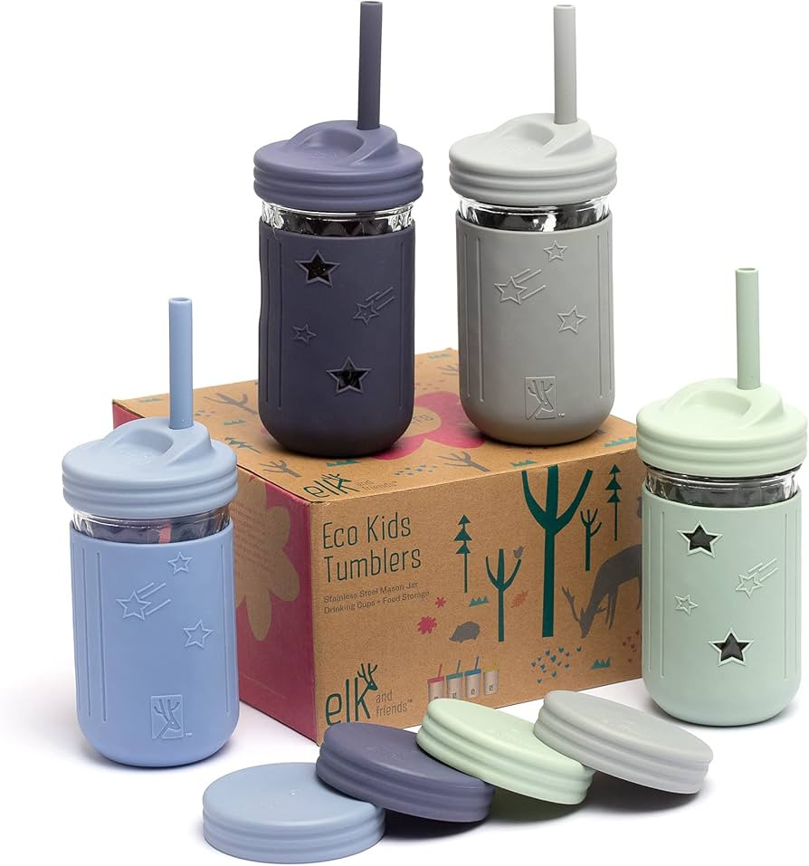 Elk and Friends Smoothie Cups For Kids & Toddler | The Original Glass Mason Jars 12 oz with Silic... | Amazon (US)