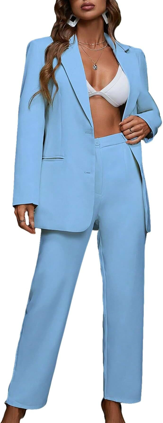 SweatyRocks Women's 2 Piece Outfits Solid Button Down Lapel Blazer Jacket with Pants Office Suit Set | Amazon (US)